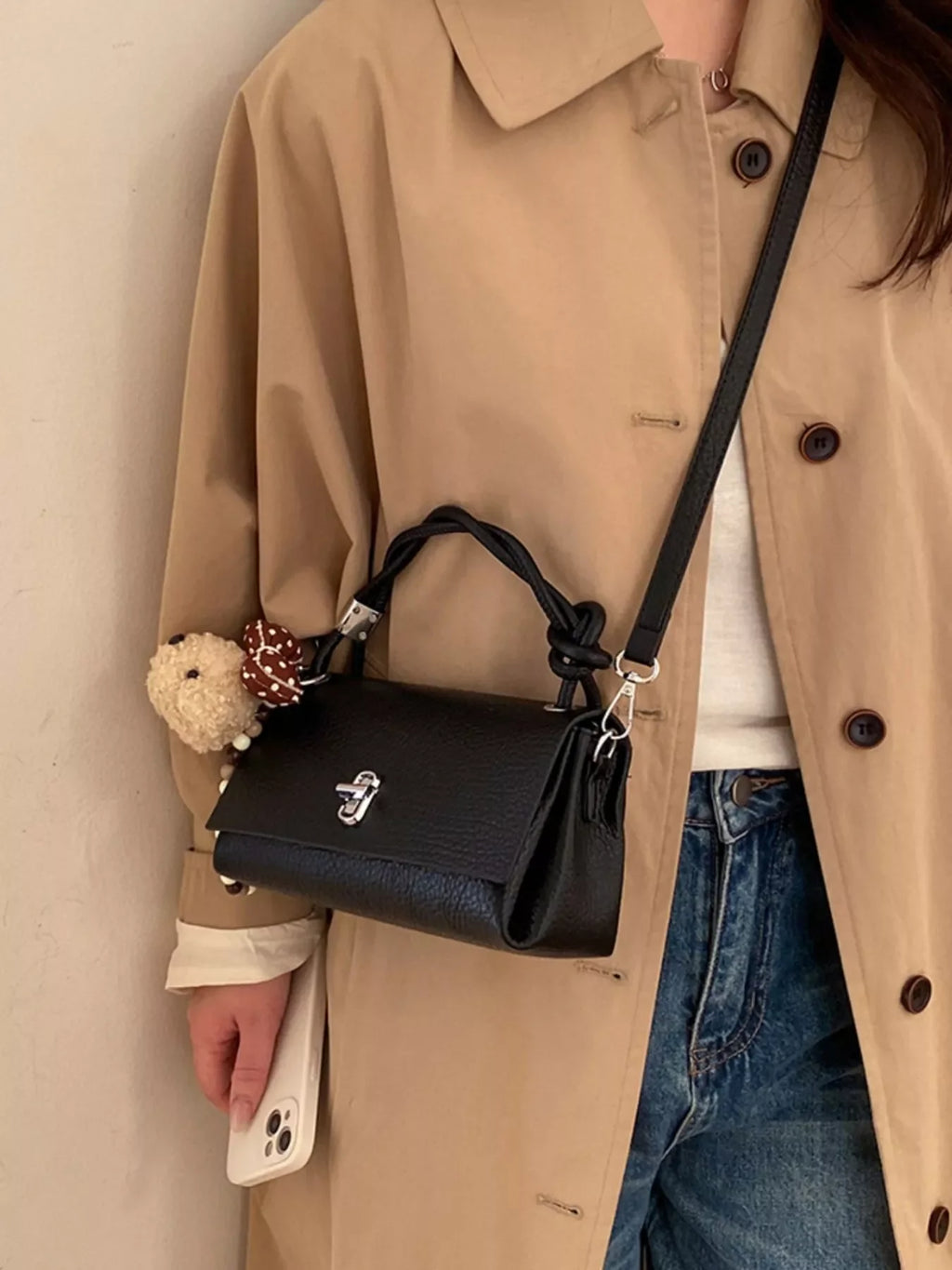 Turn-Lock Leather Crossbody Bag