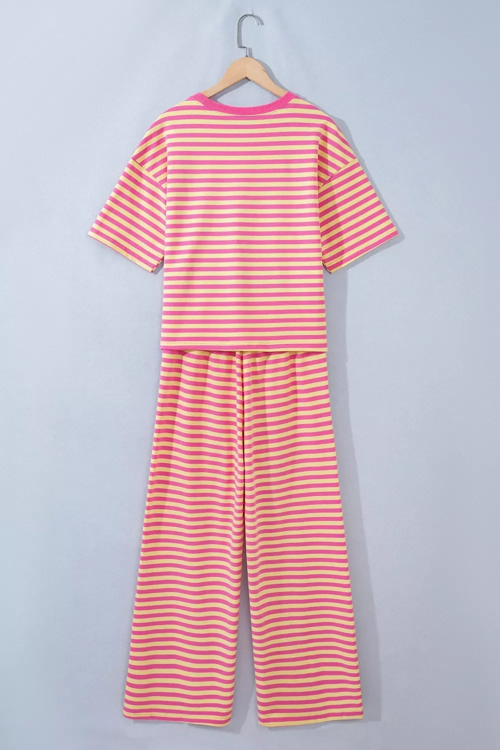 Stripe Colorblock Trim Crew Neck Loose Tee Drawstring Elastic Waist 2pcs Pant Set