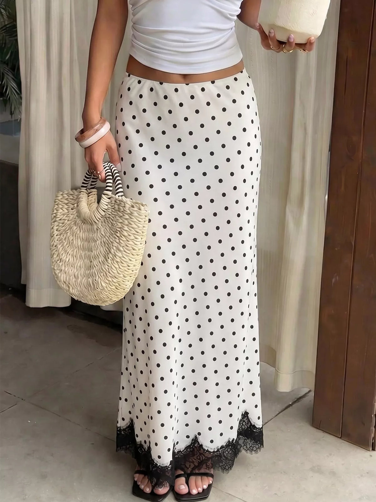 Lace Hem Polka Dot High-Waisted Maxi Skirt