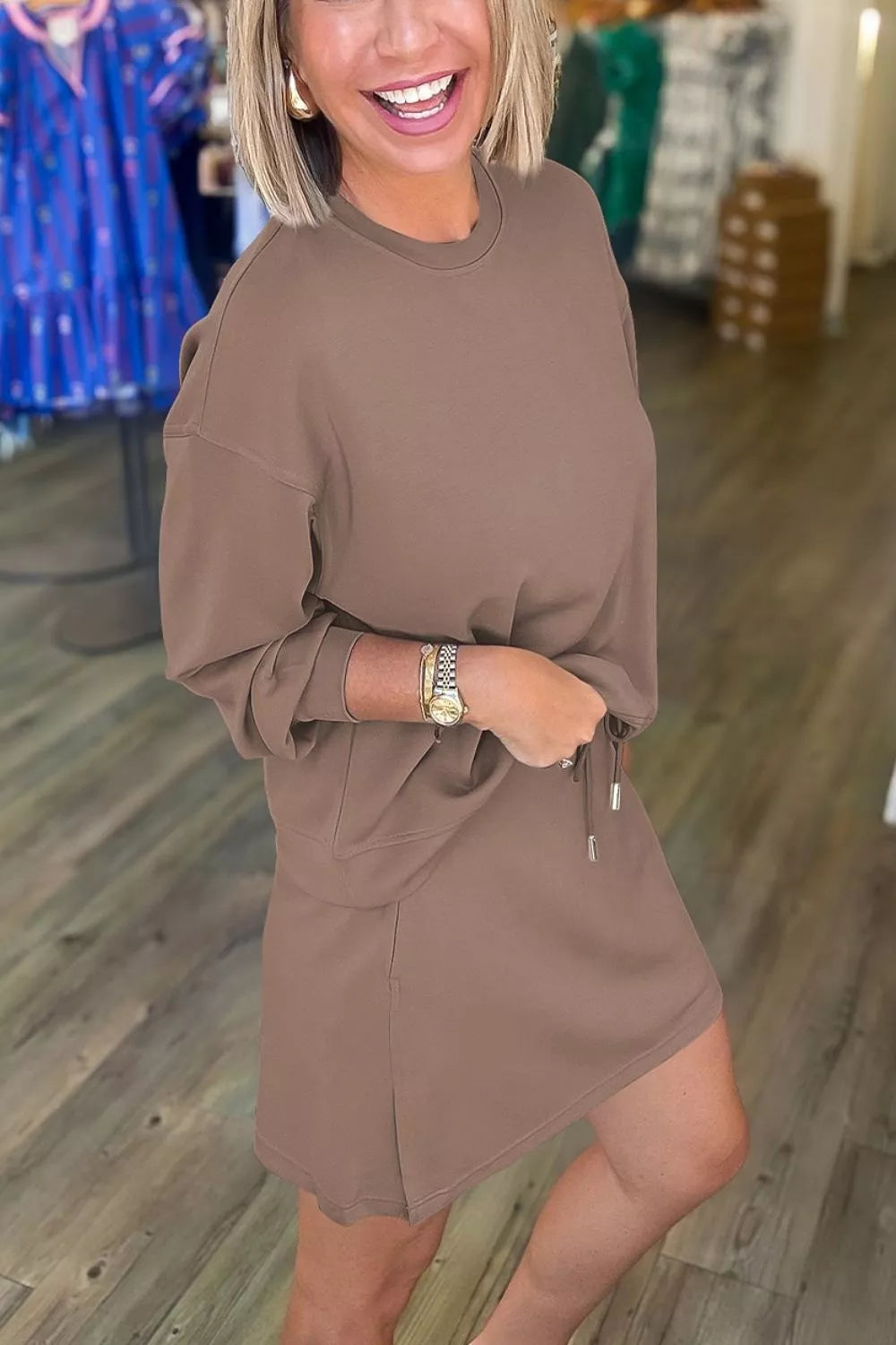 Solid Color Drop Shoulder Pullover Drawstring Mini Skirt 2pcs Outfit