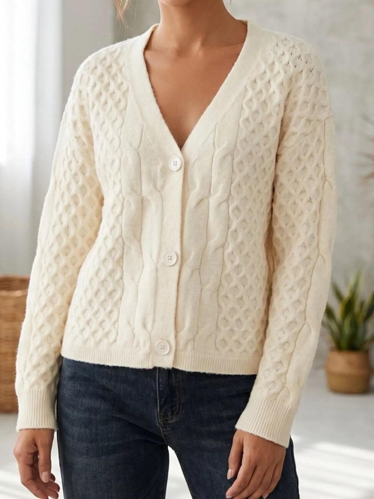 Cable-Knit V-Neck Button-Down Cardigan