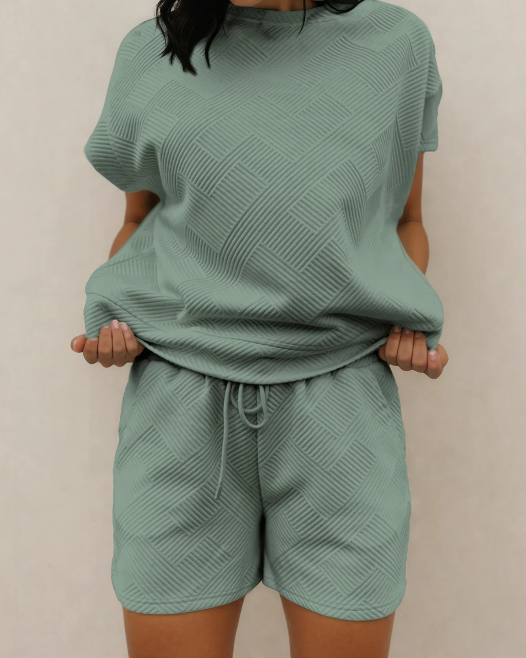 Astrid Textured Short Sleeve Top and Shorts Set - Seafoam