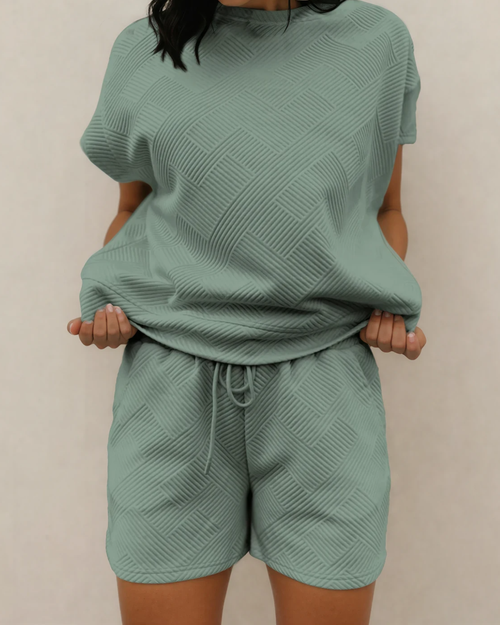 Astrid Textured Short Sleeve Top and Shorts Set - Seafoam