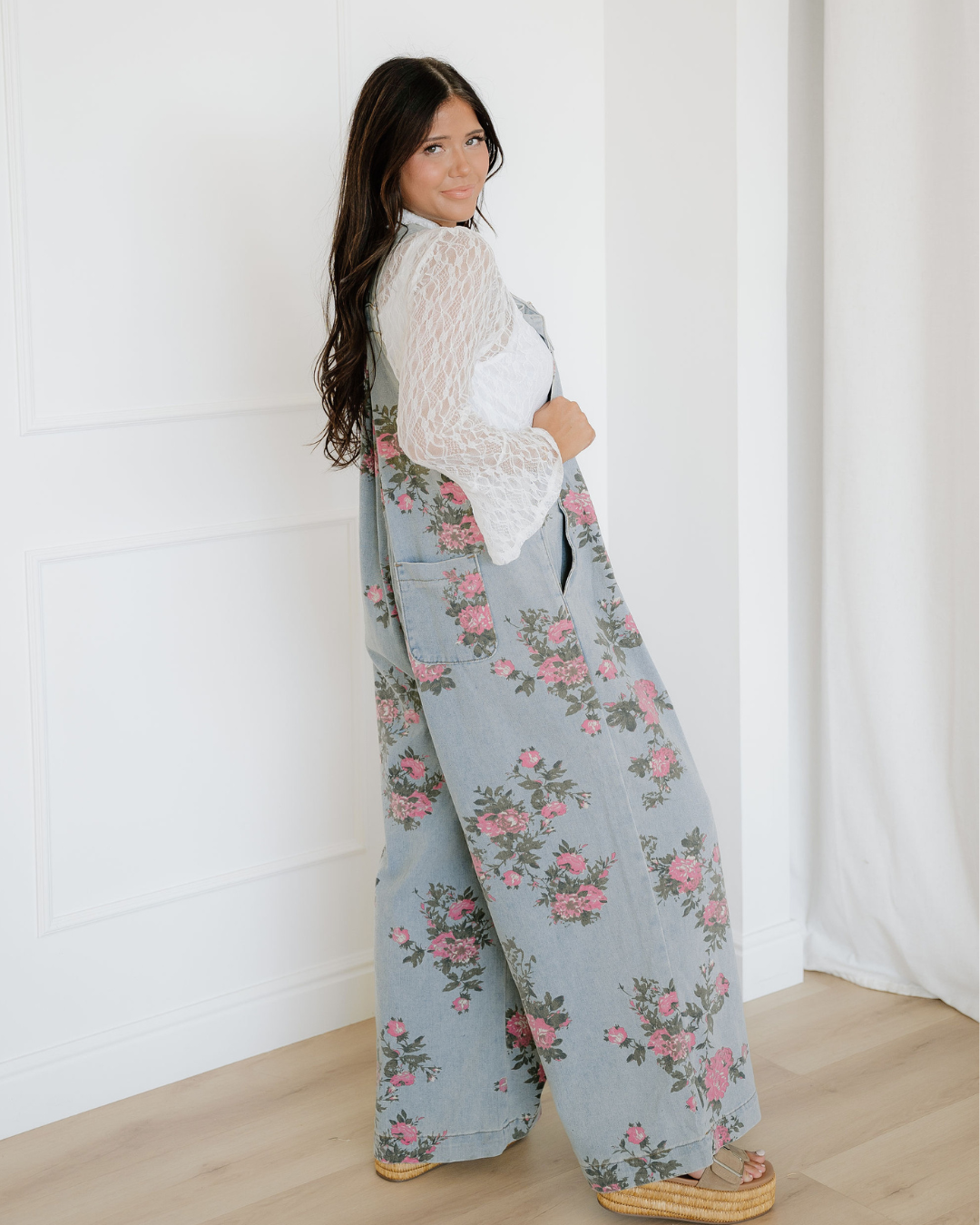 Floral Pleated Wide Leg Denim Overalls