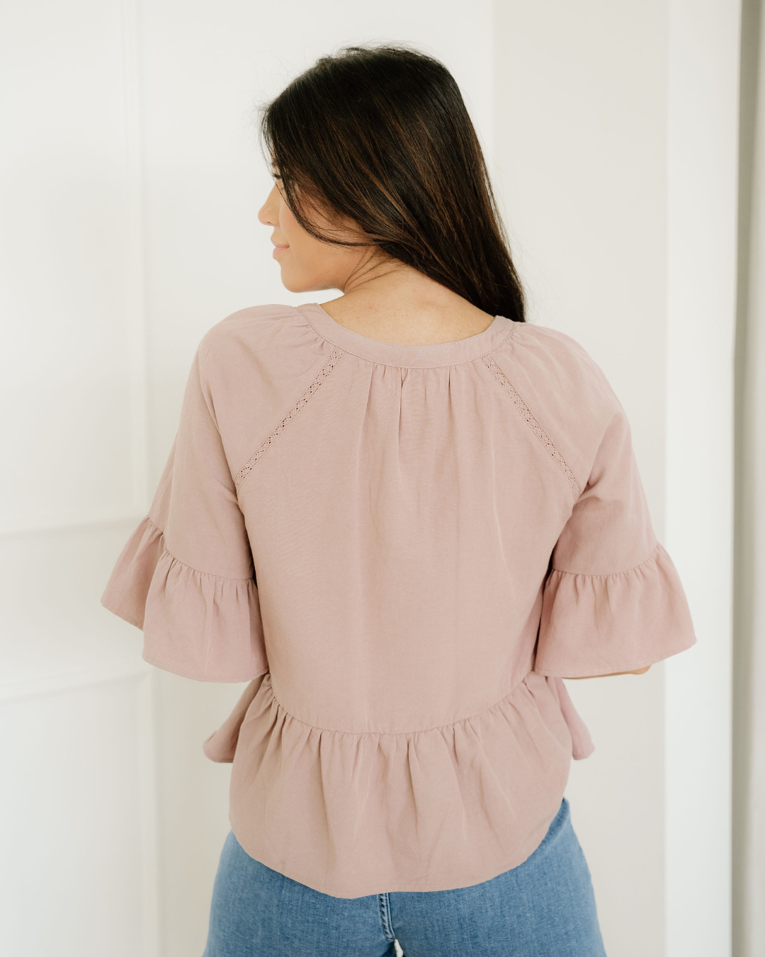 Mae Slit V Neck Ruffled Loose Blouse