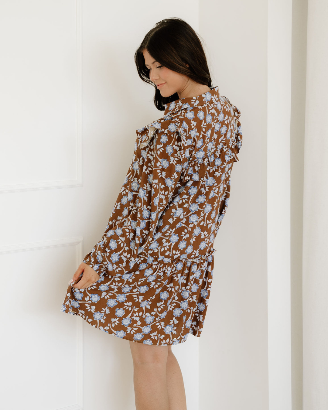 Luella Floral Print Ruffled Detail Shirt Collar Button Down Long Sleeve Dress