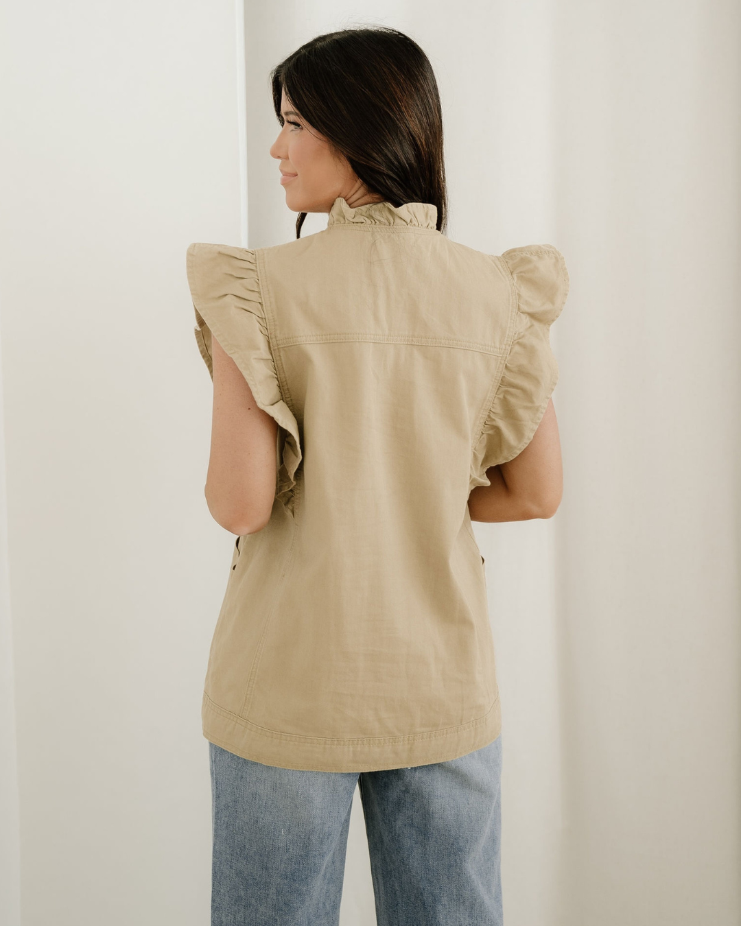 Margot Ruffle Plain Denim Jacket Vest - Khaki