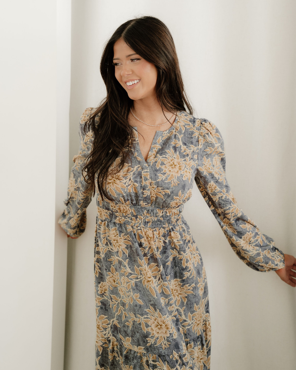 Brianna Floral Print Smocked High Waist Long Sleeve Maxi Dress - Blue
