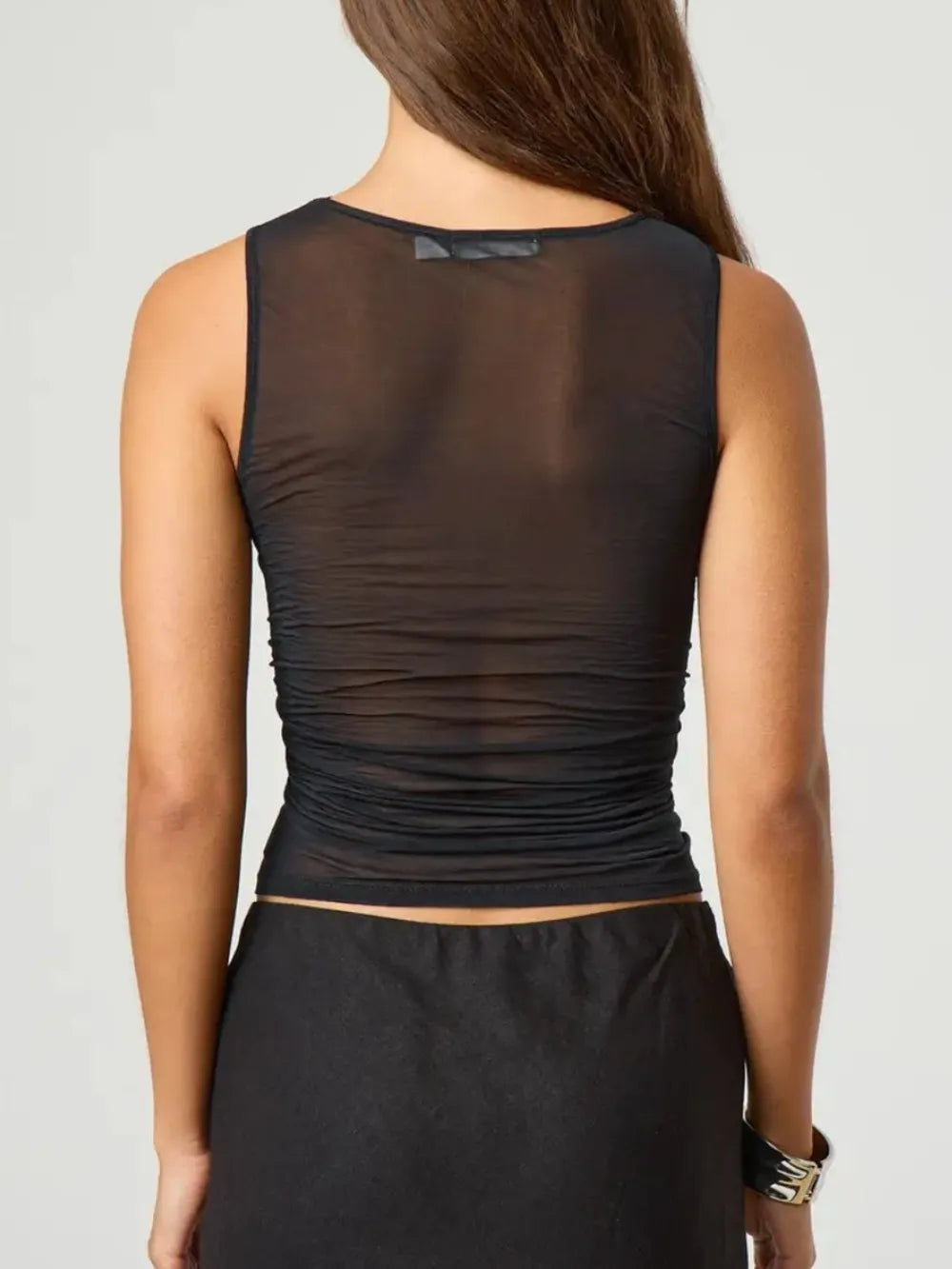Semi-Sheer Ruched Round Neck Tank Top