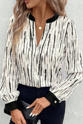 White Abstract Printed V Neck Fall Blouse