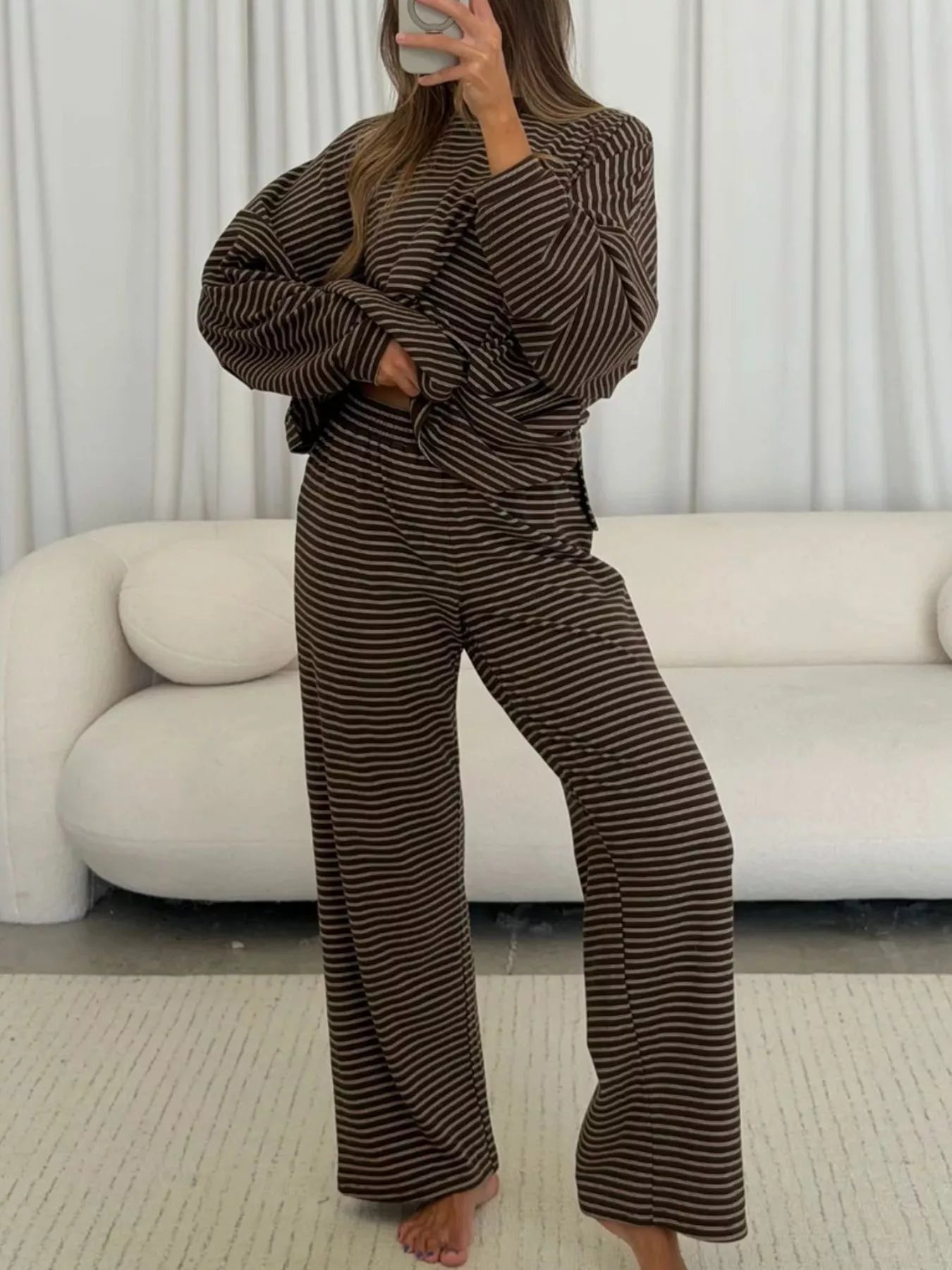 Striped Long Sleeve Top and Wide Leg Pants Set