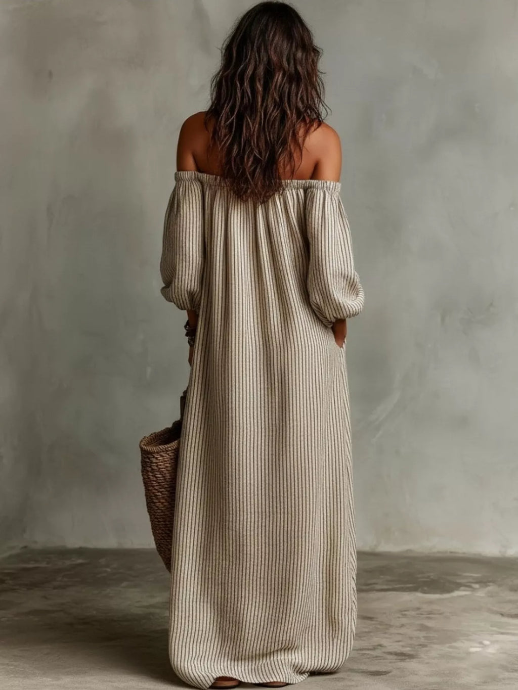 Full Size Off-Shoulder Striped Maxi Dress with Puff Sleeves Plus Size