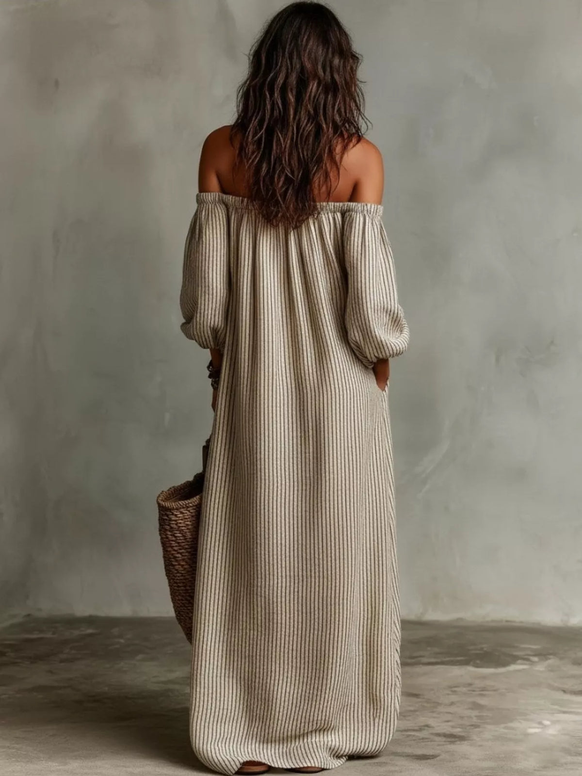 Full Size Off-Shoulder Striped Maxi Dress with Puff Sleeves Plus Size