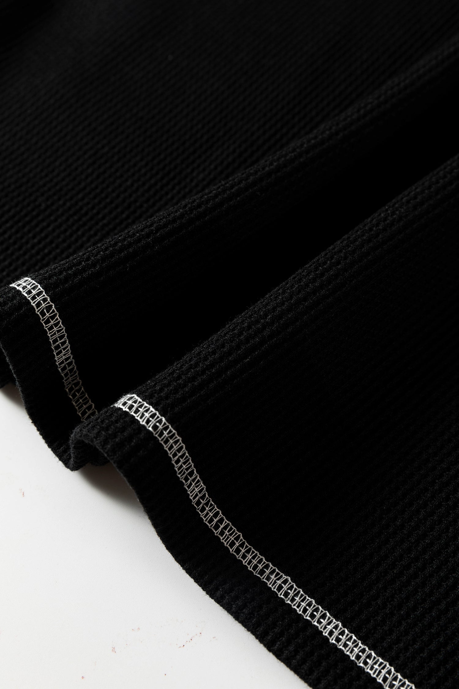 Black Waffle Textured Contrast Trim V Neck Tee