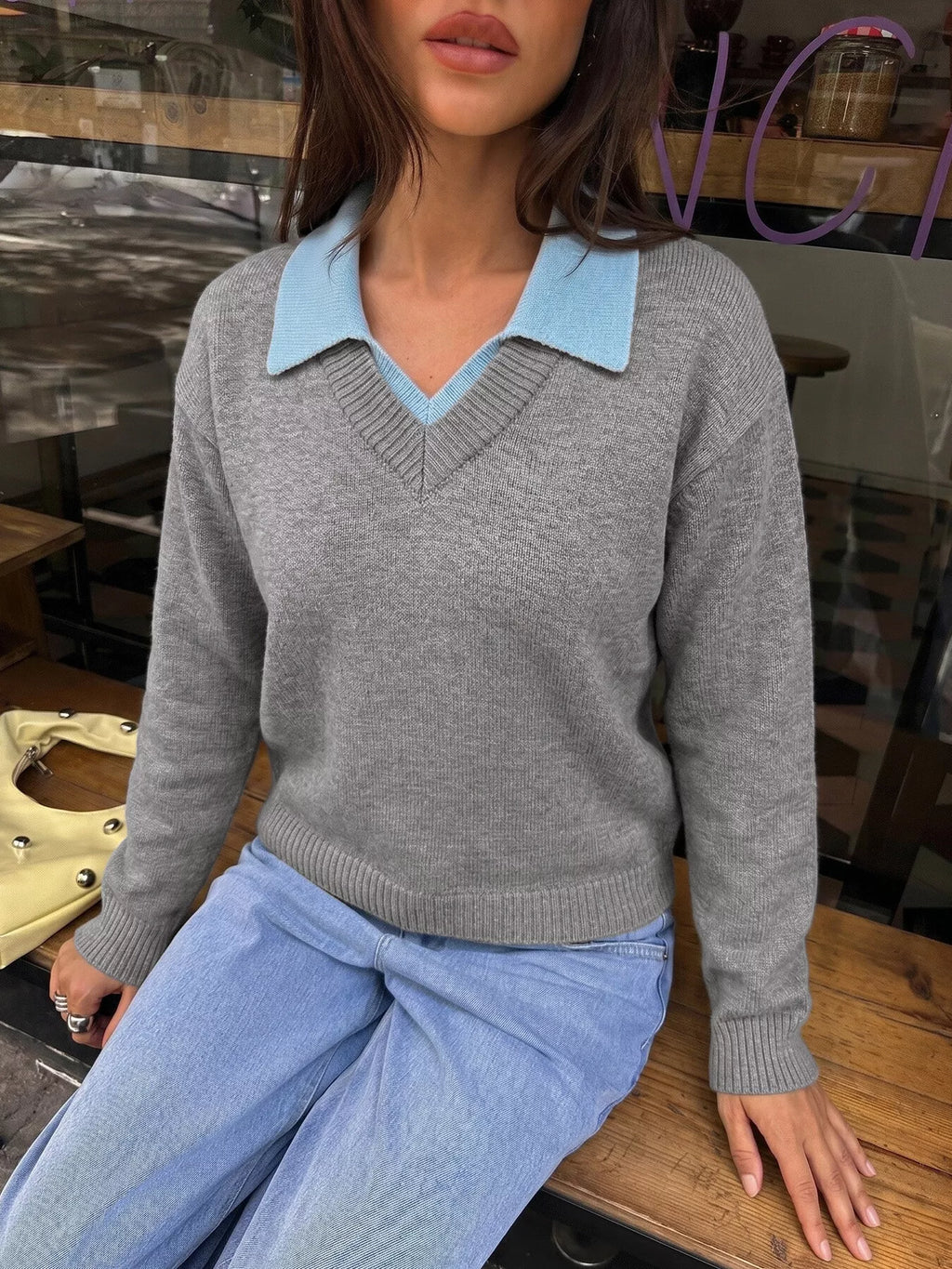 Contrast Collar Dropped Shoulder Sweater