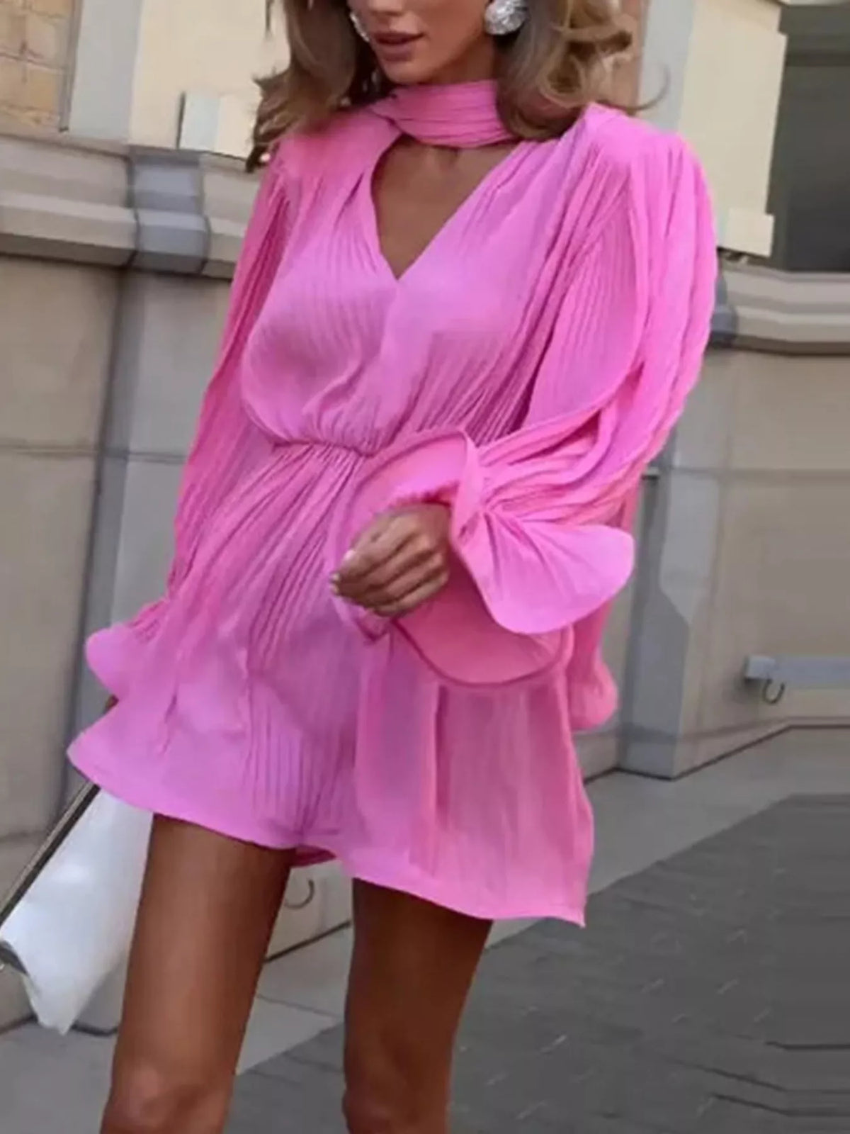 Full Size Pleated Long Sleeve Mini Dress Plus Size