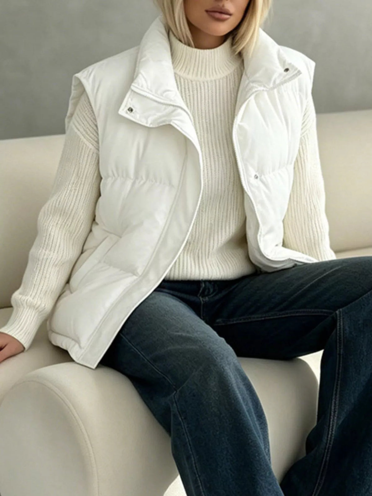 Snap-Button Placket Quilted Puffer Vest Coat