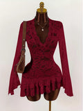 Lace V-Neck Long Sleeve Ruffled Blouse/Dress