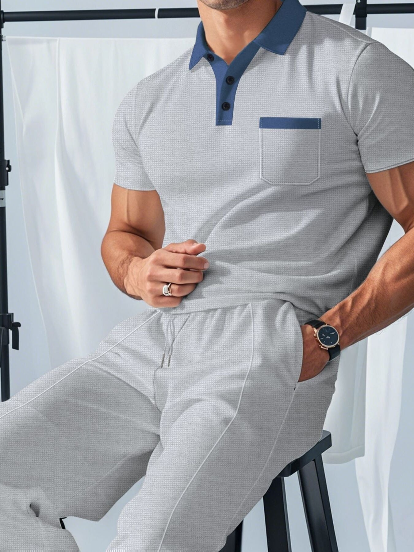 Men's Full Size Short Sleeve Polo and Pants Set Plus Size