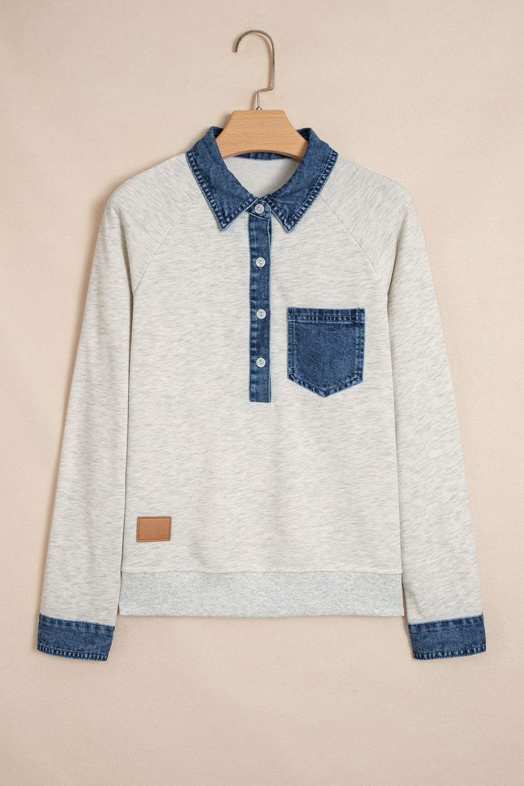 Gray Denim Collar Patchwork Long Sleeve Pullover Top