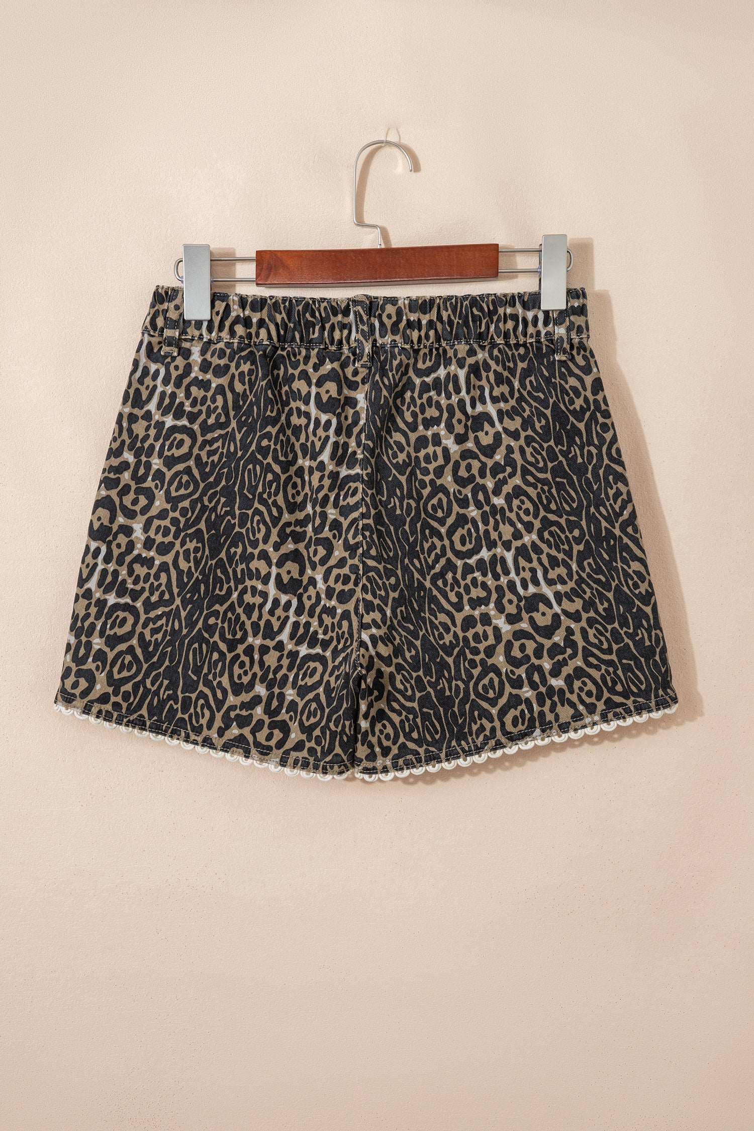Khaki Contrast Scalloped Lace Trim Leopard Denim Shorts