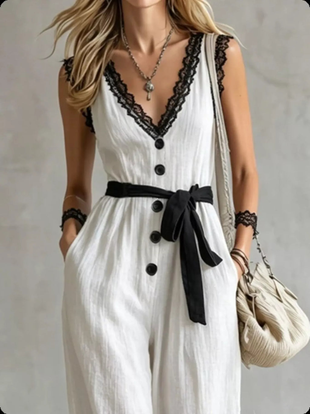 Lace Trim Sleeveless Wide Leg Jumpsuit