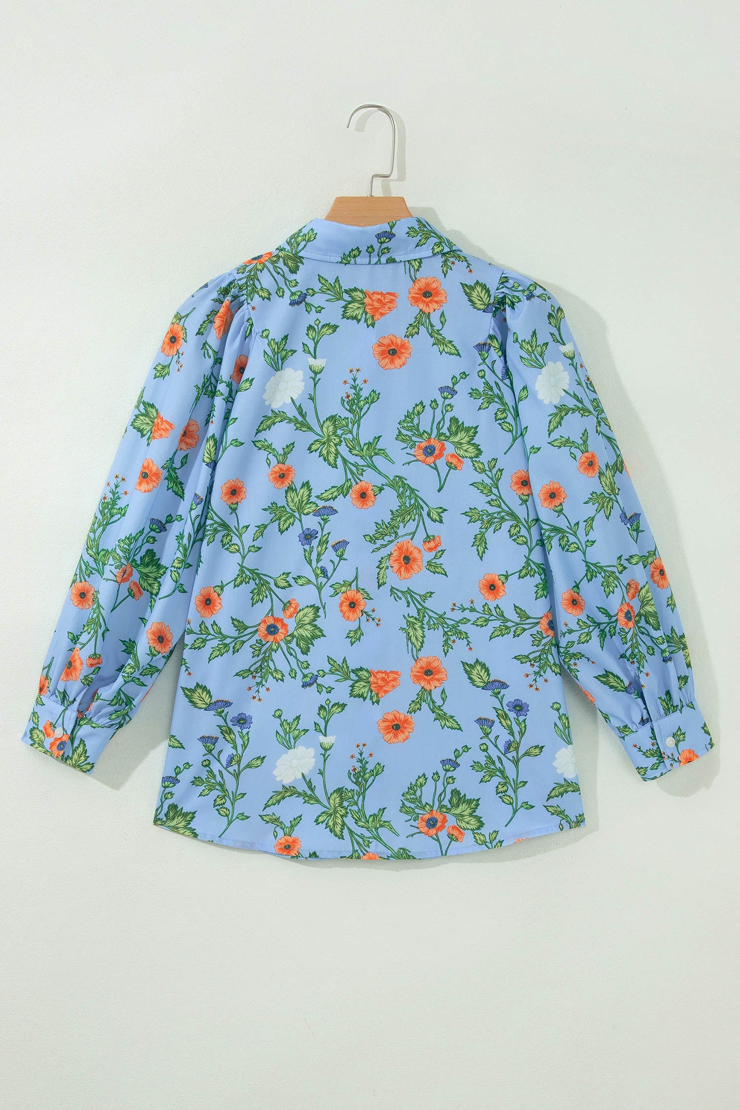 Sky Blue Floral Print Bracelet Sleeve Button Down Casual Shirt