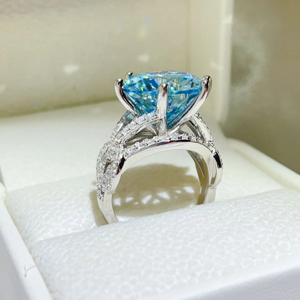 10 Carat Moissanite Sterling Silver Blue Pavé Cocktail Ring