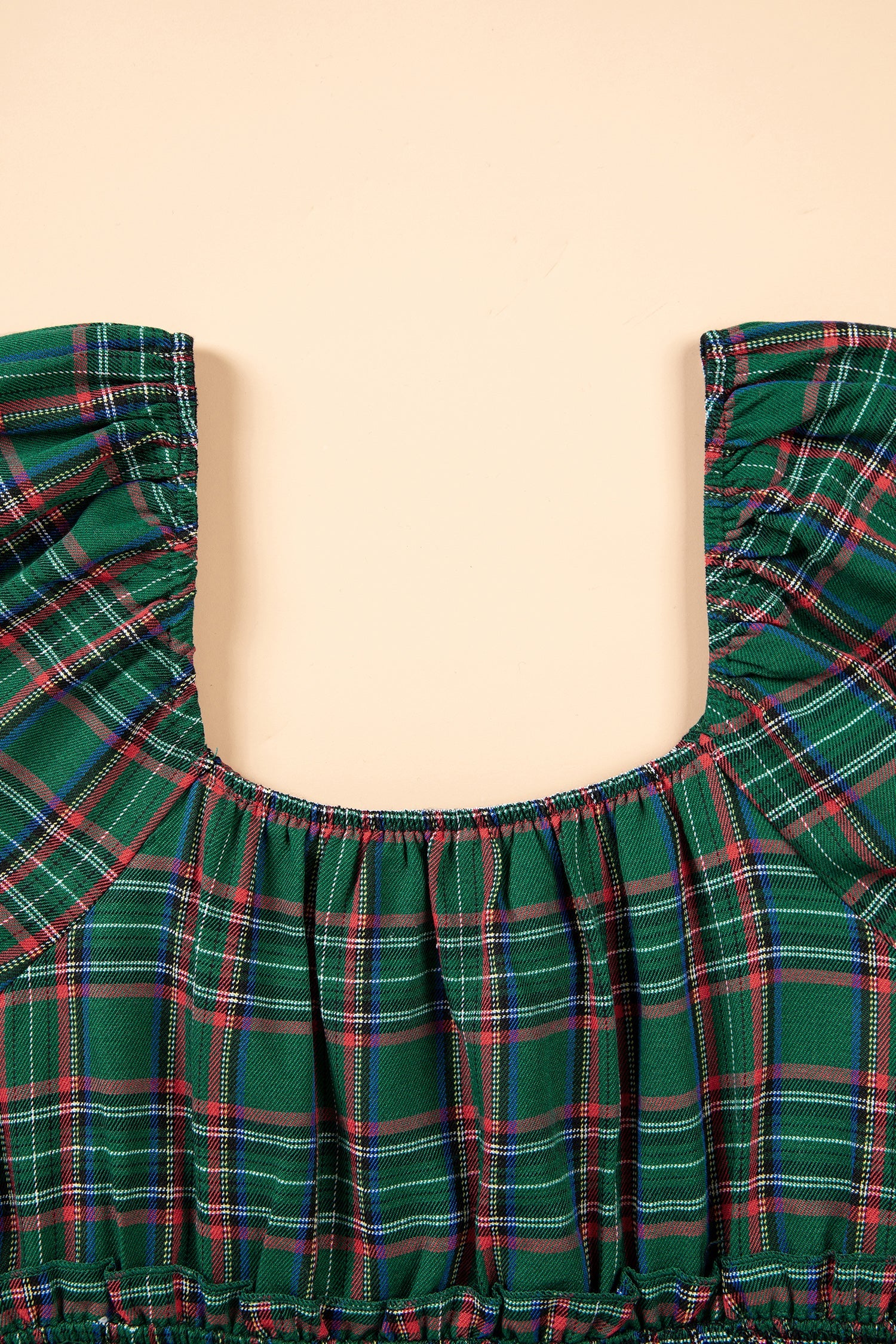 Green Plaid Shirred U Neck Short Sleeve Mini Dress