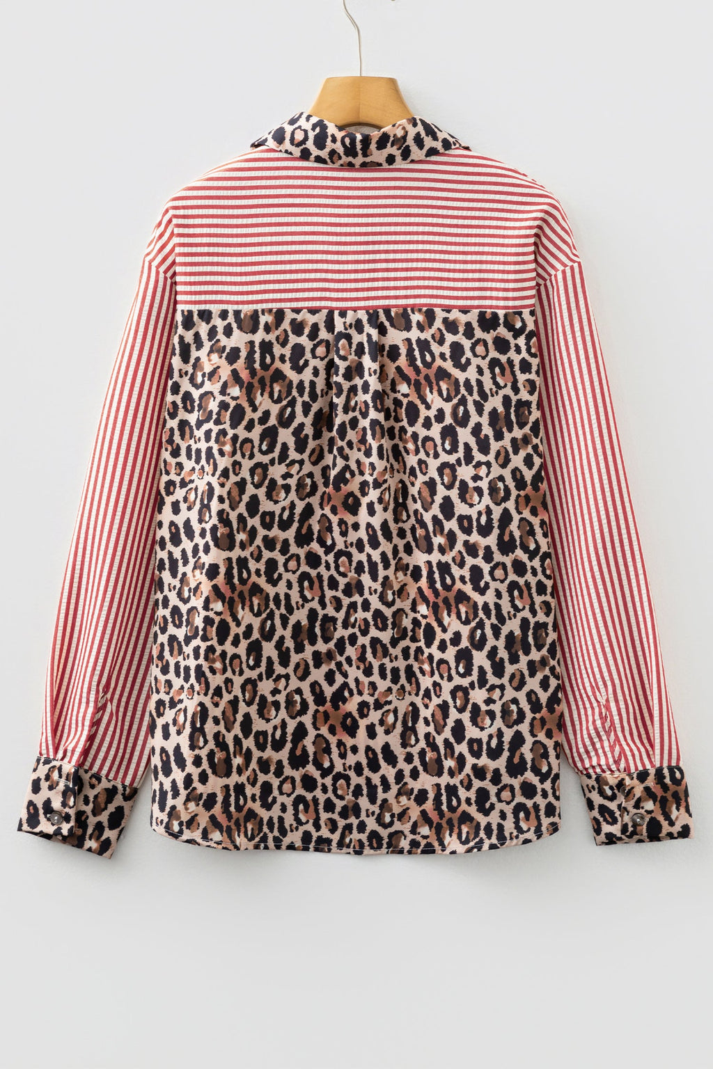 Racing Red Striped Leopard Print Patchwork Button Up Womens Shirt