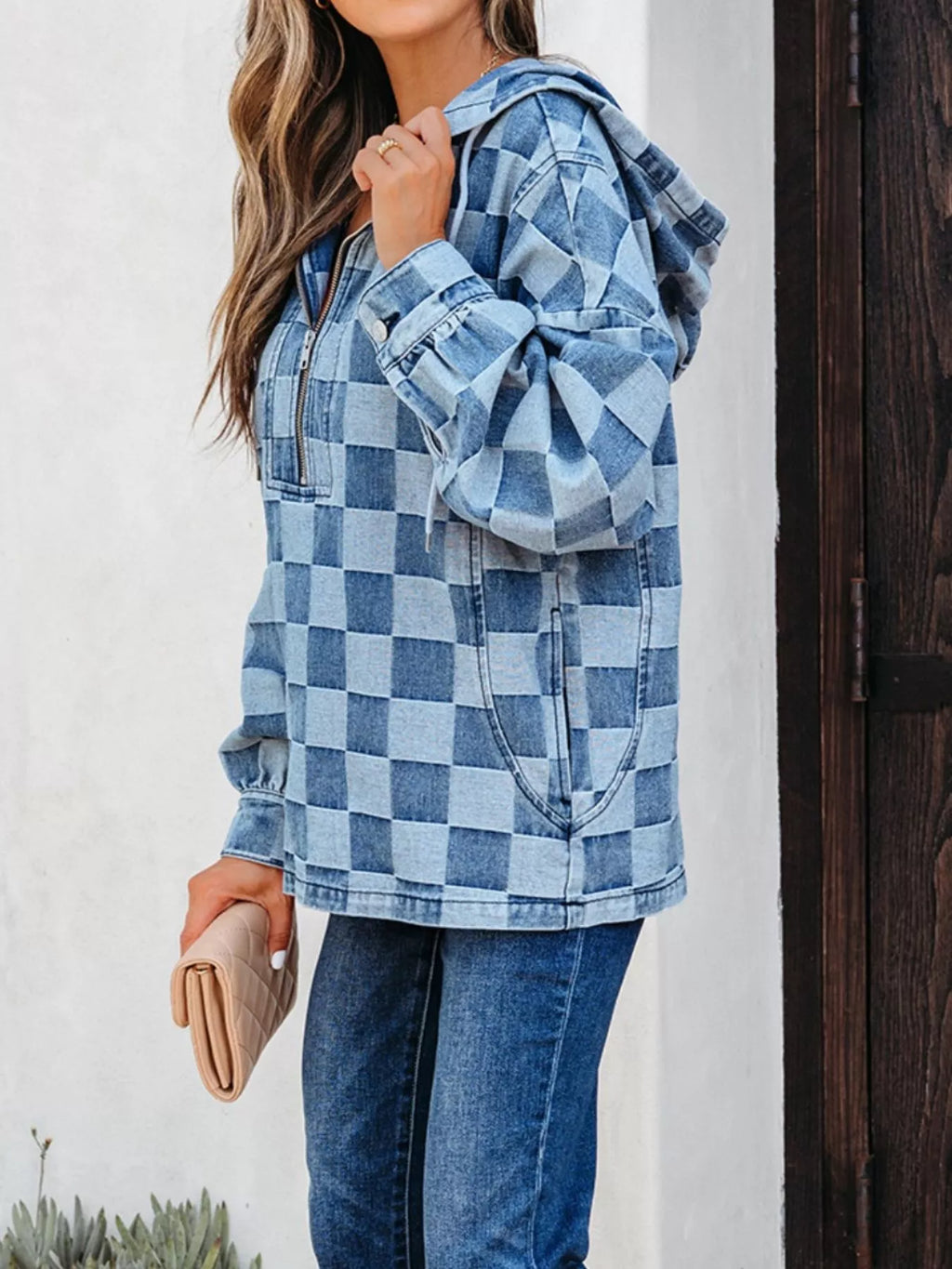 Checkered Half Zip Denim Hoodie Top