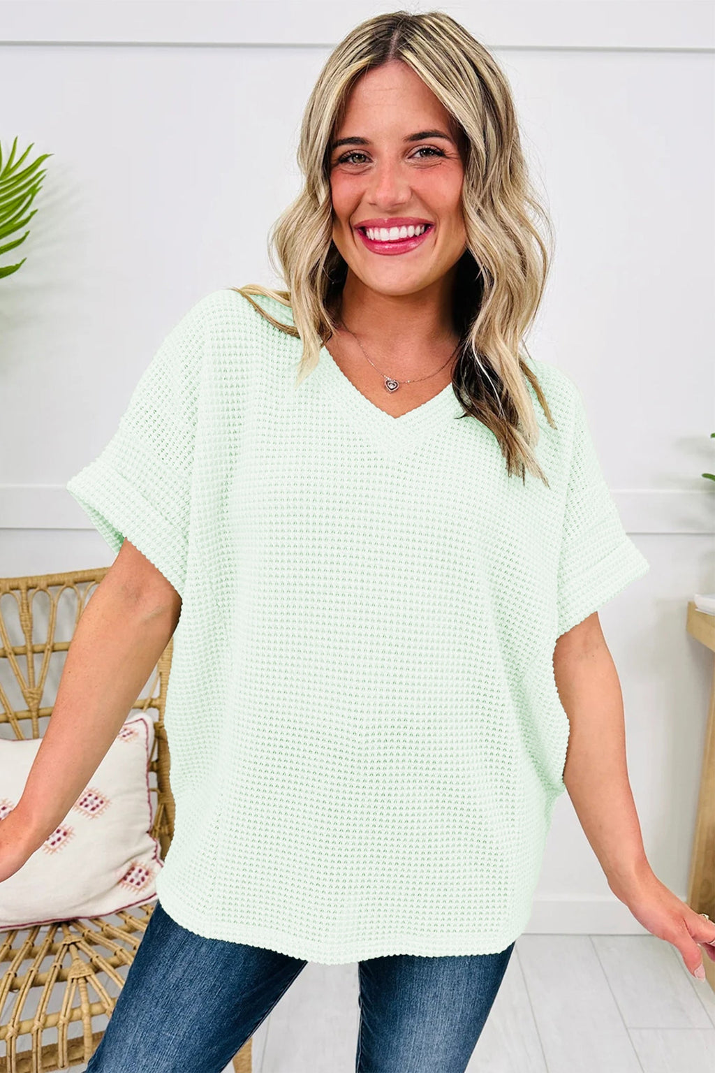 Clearly Aqua Waffle V Neck Short Sleeve Knit Top