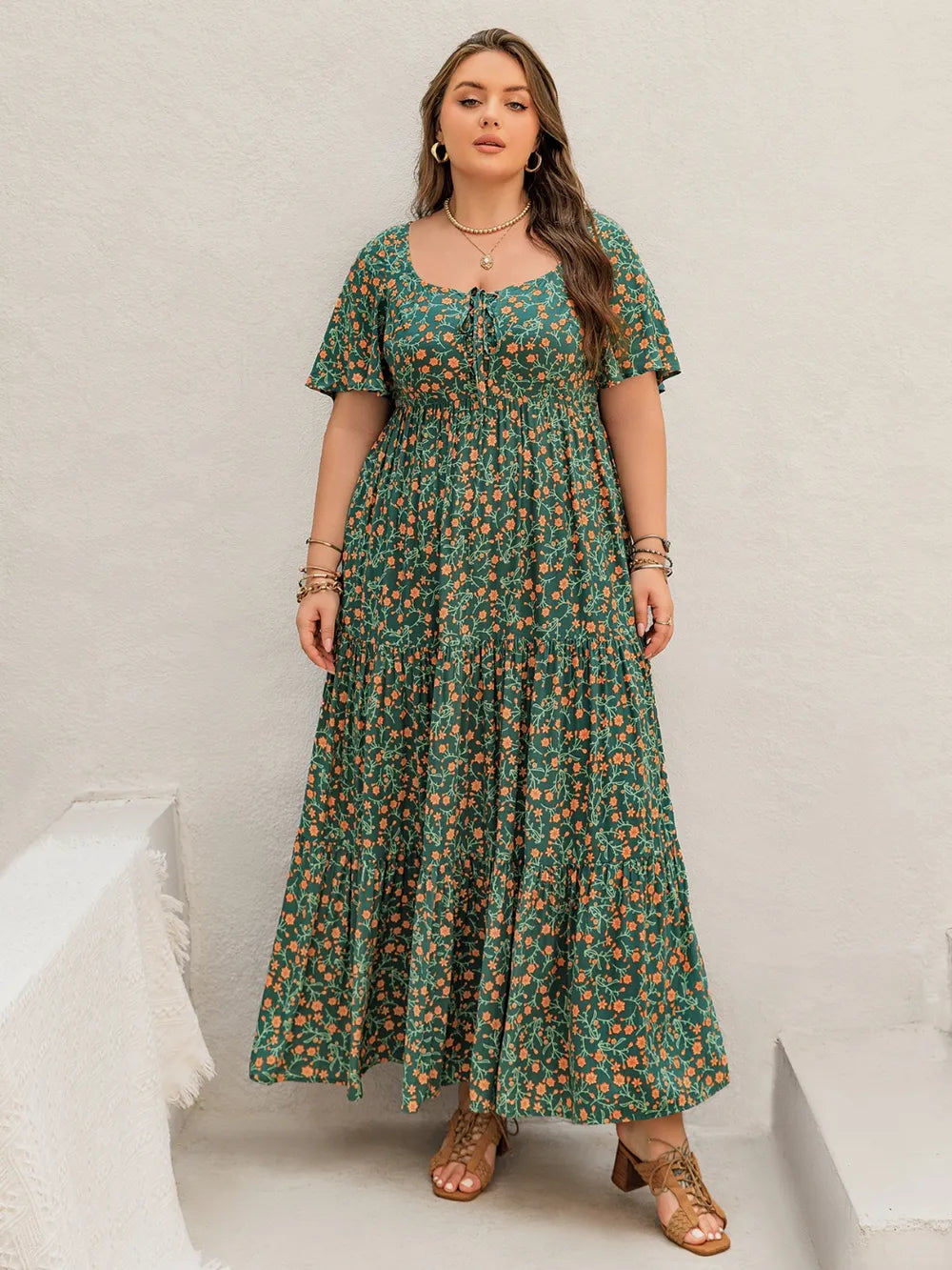 Printed Short Sleeve Tiered Maxi Dress