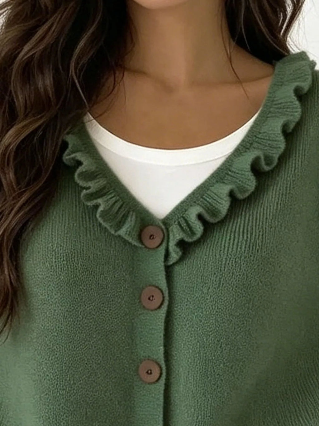 Ruffled Neckline Button-Up Cardigan