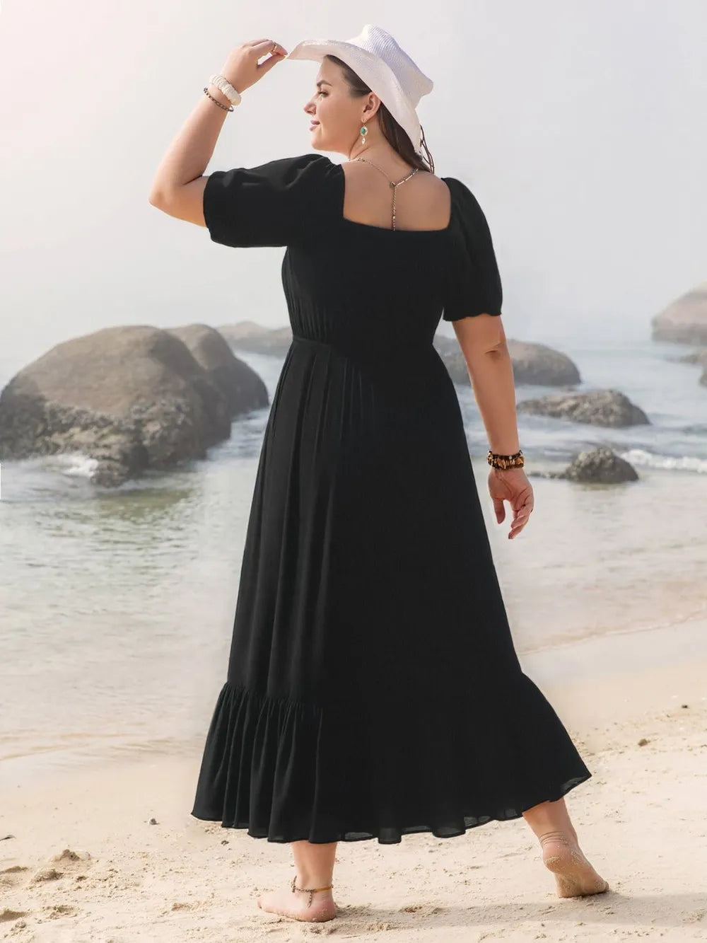 Ruffled Hem Square Neck Short Sleeve Dress