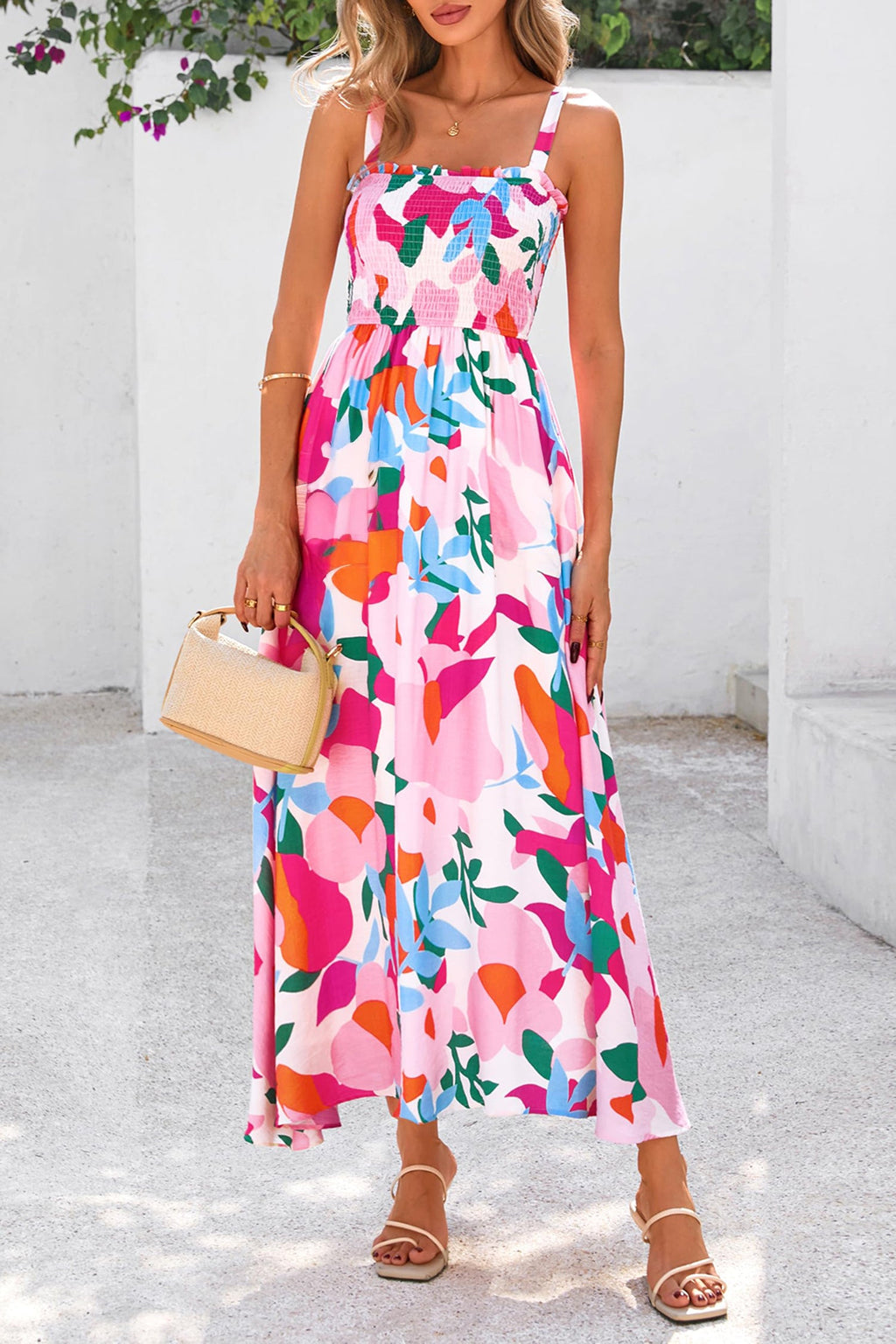Pink Floral Print Adjustable Straps Smocked High Waist Sundress