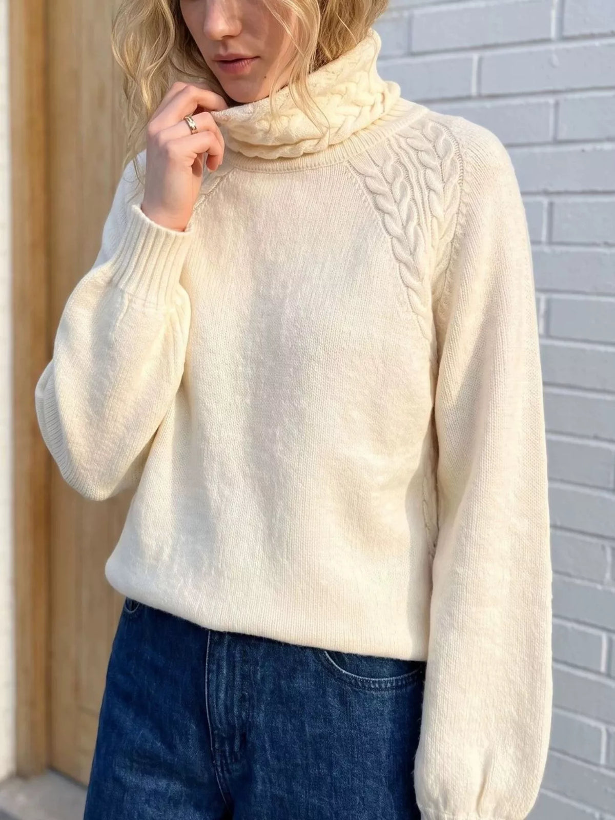 Cable-Knit Turtleneck Long Sleeve Sweater