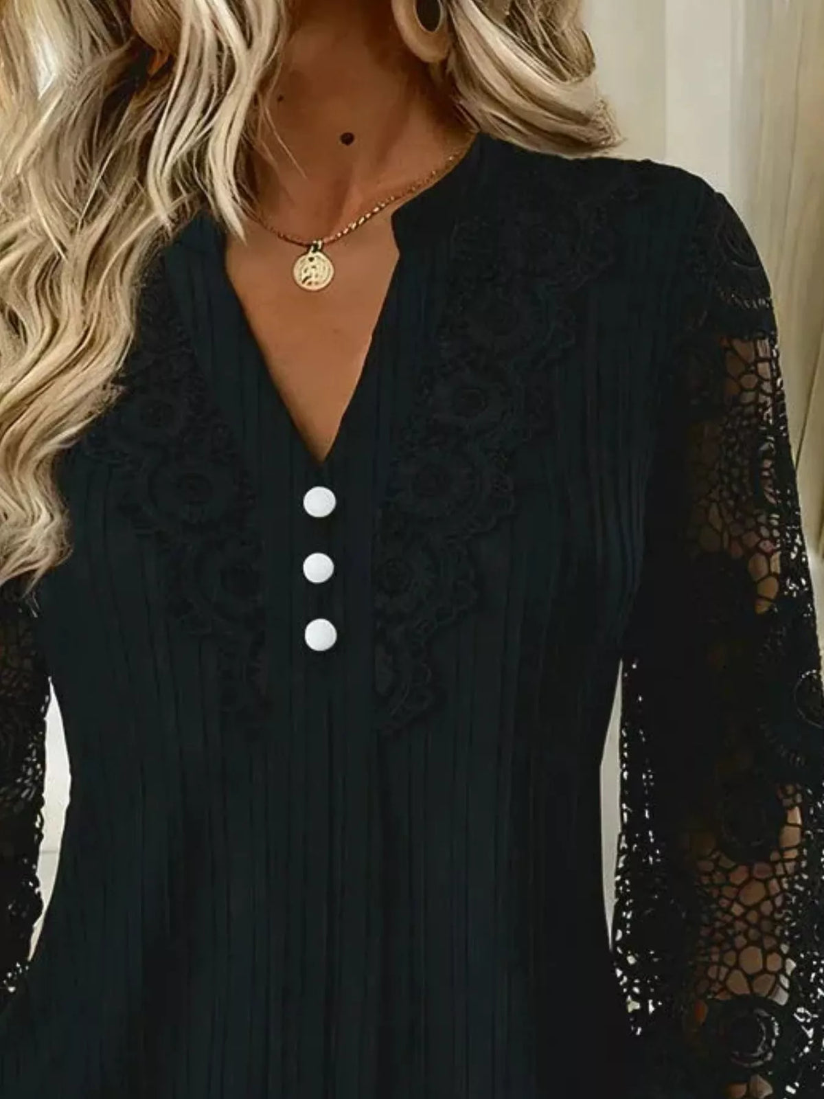 Lace Long Sleeve Notched Blouse