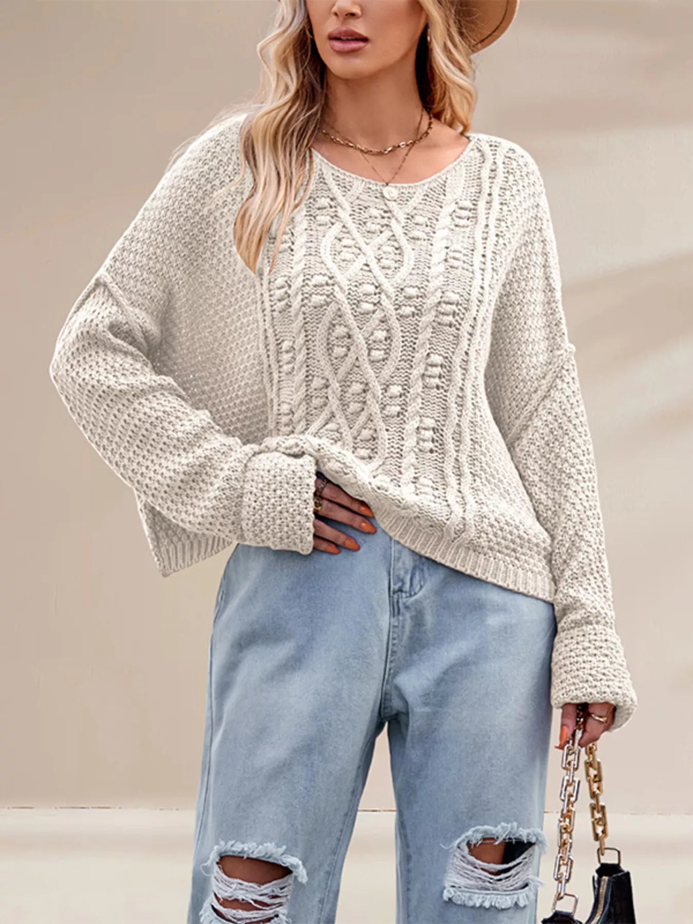 Cable Knit Dropped Shoulder Sweater