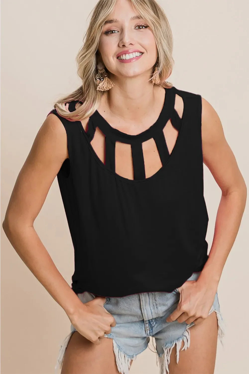 Round Neck Sleeveless Top with Cutout Neckline