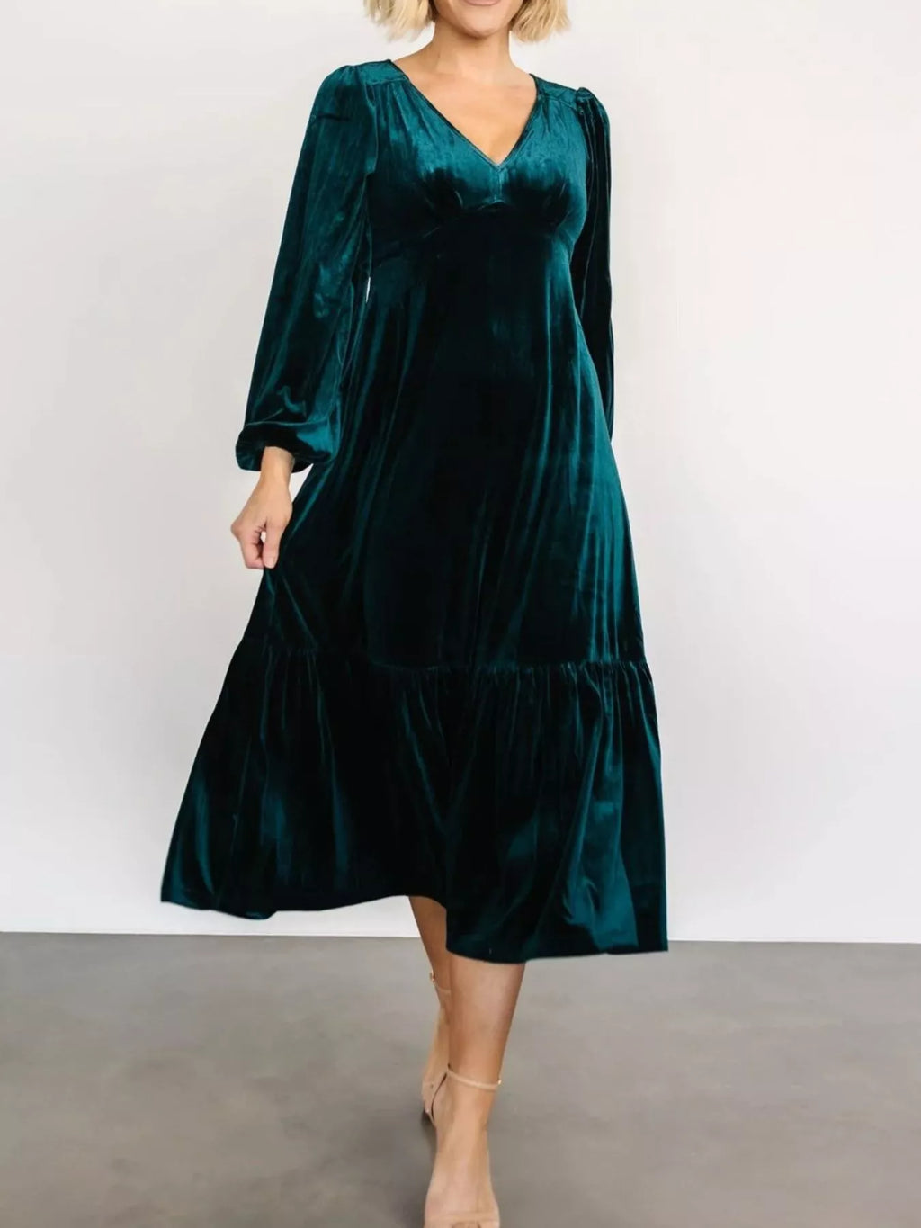 Velvet Tiered Long Sleeve Midi Dress