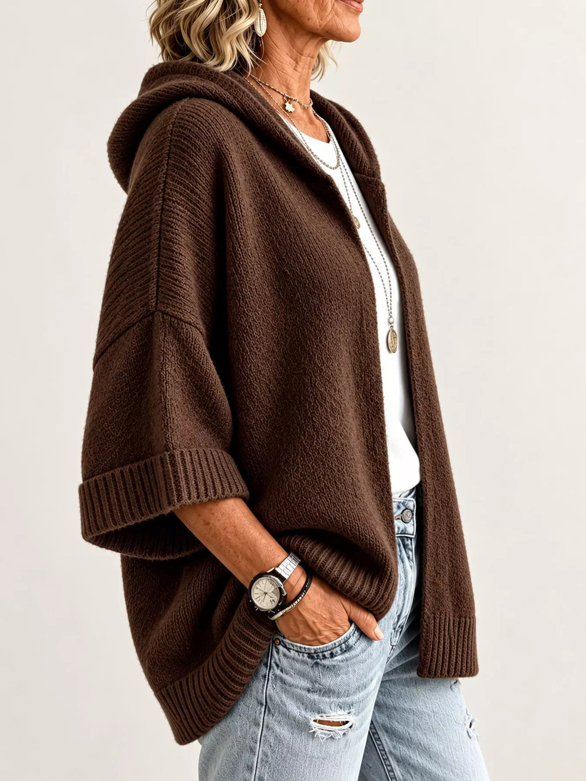 Full Size Hooded Open-Front Knit Cardigan Plus Size
