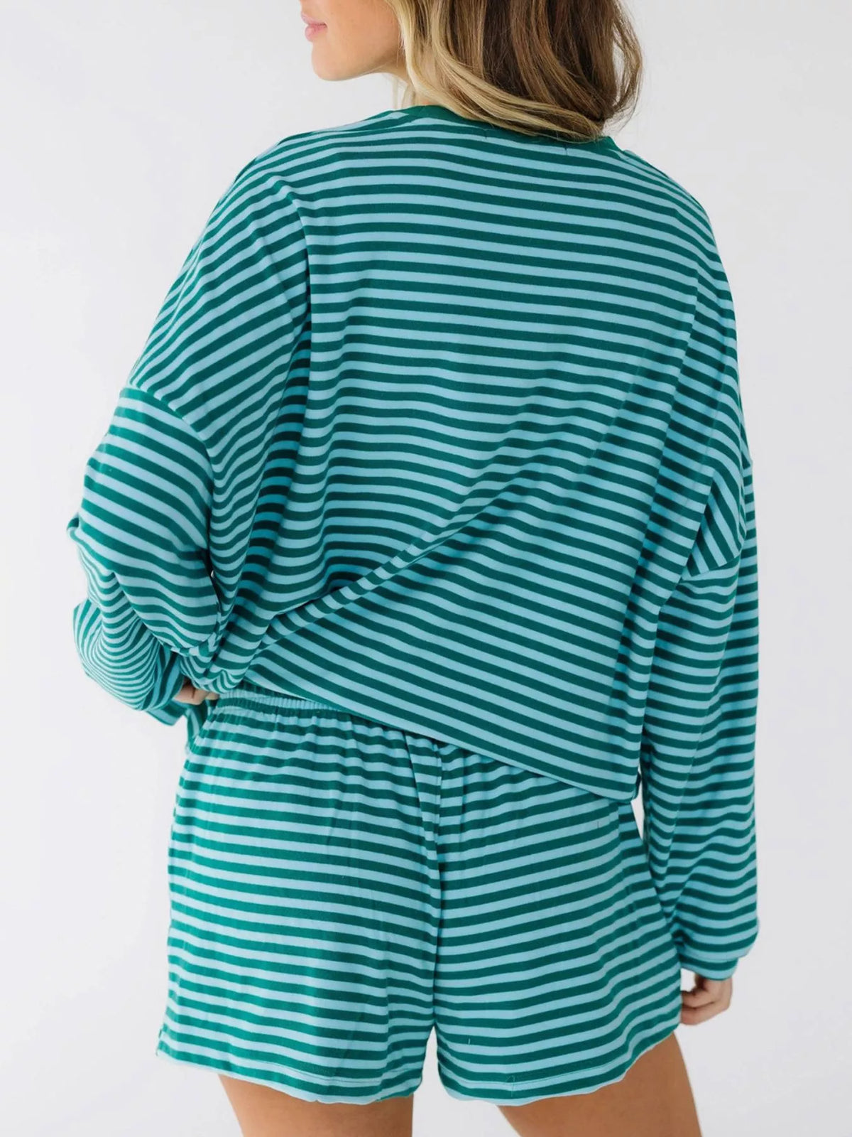 Casual Striped Long Sleeve Top and Shorts Set