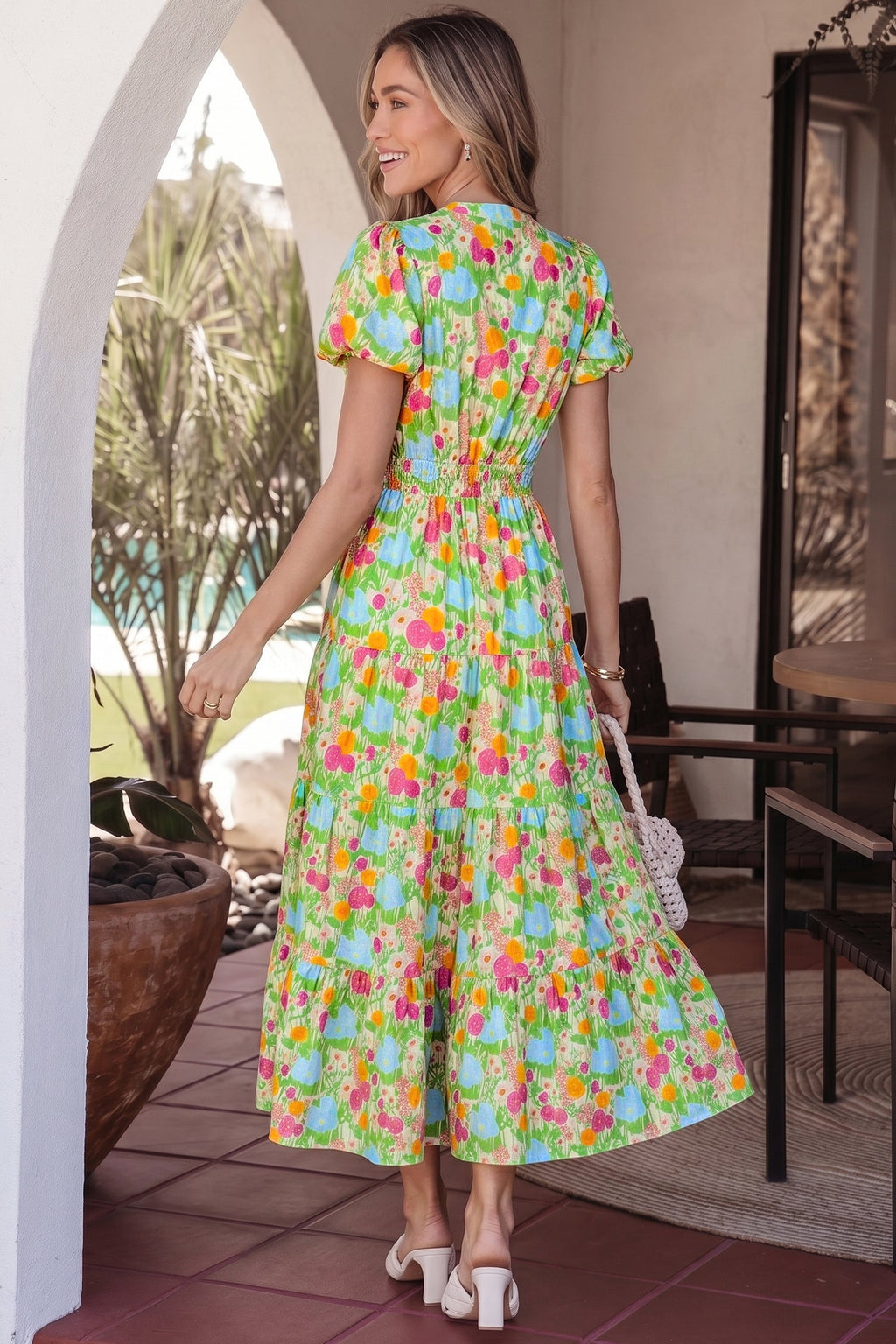 Green Floral Print V Neck Short Puff Sleeve Cotton Maxi Dress