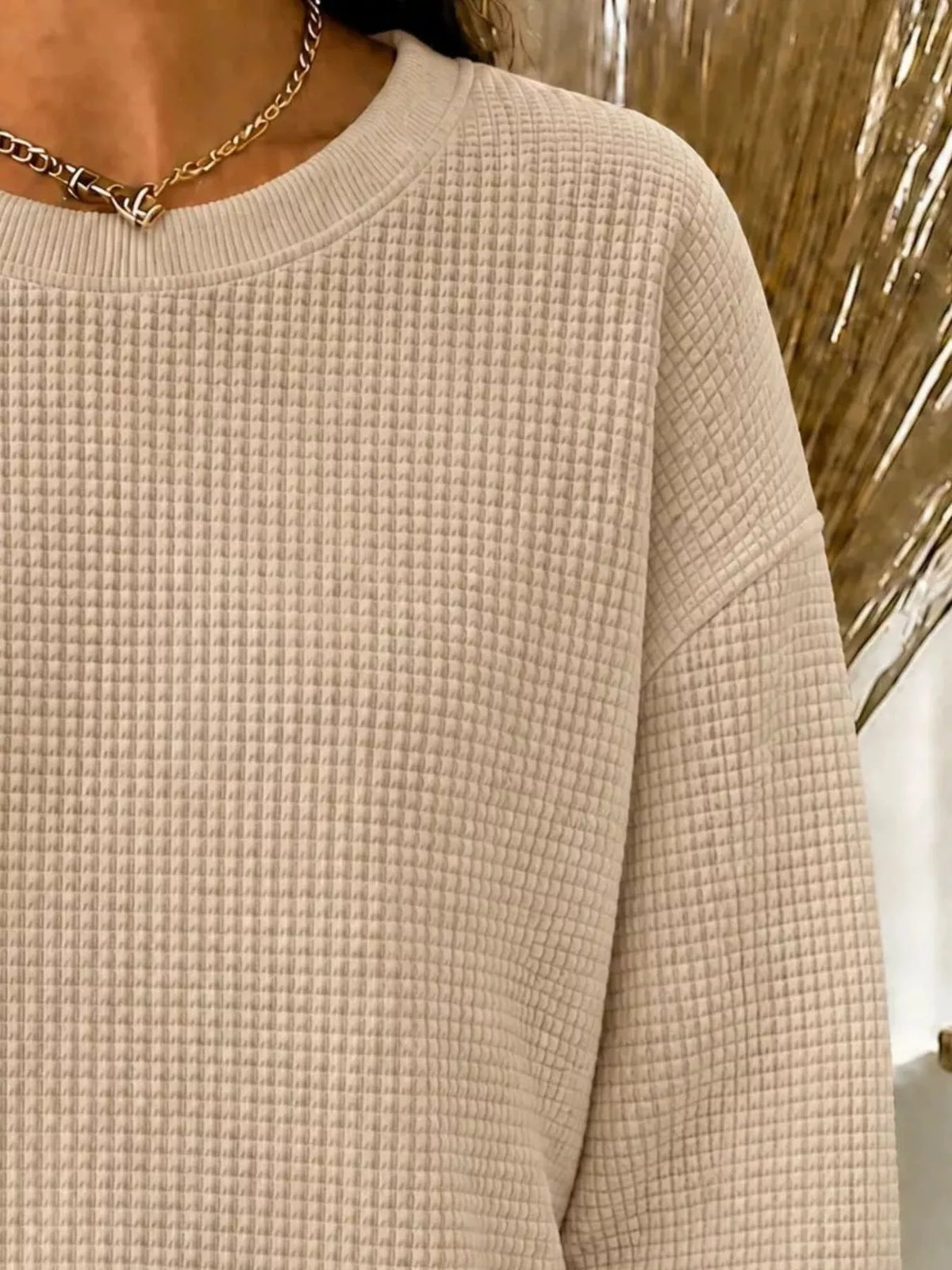 Full Size Waffle Knit Crewneck Sweatshirt Plus Size
