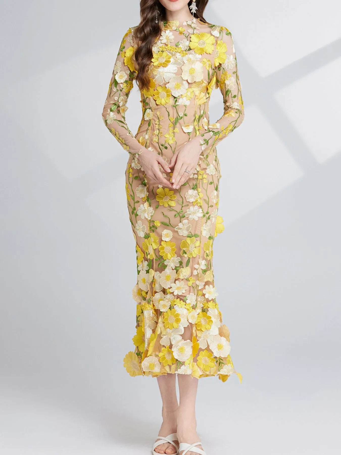 Floral Embroidered Mesh Long Sleeve Midi Dress