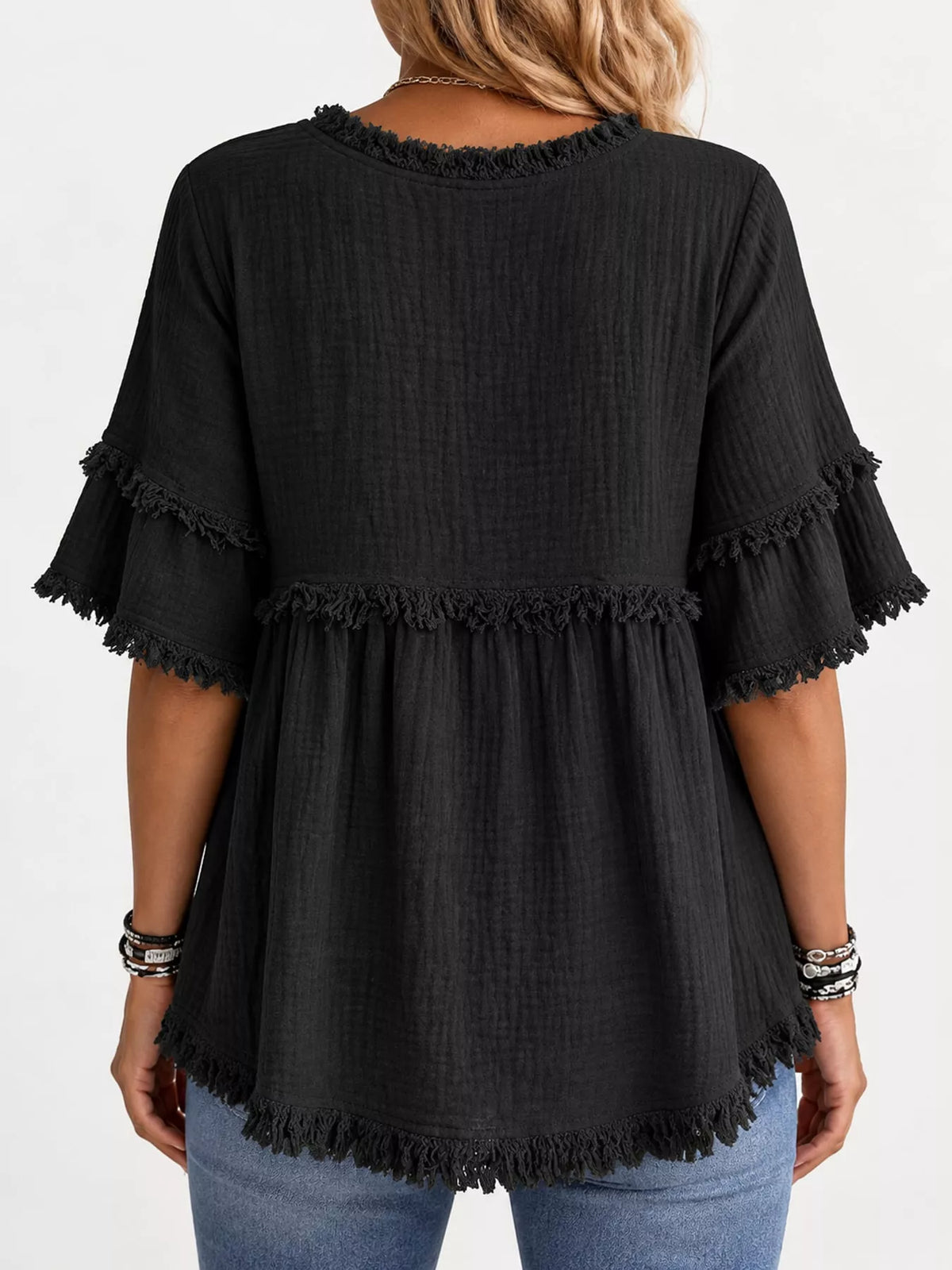 Full Size Frayed Edge Textured Blouse Plus Size