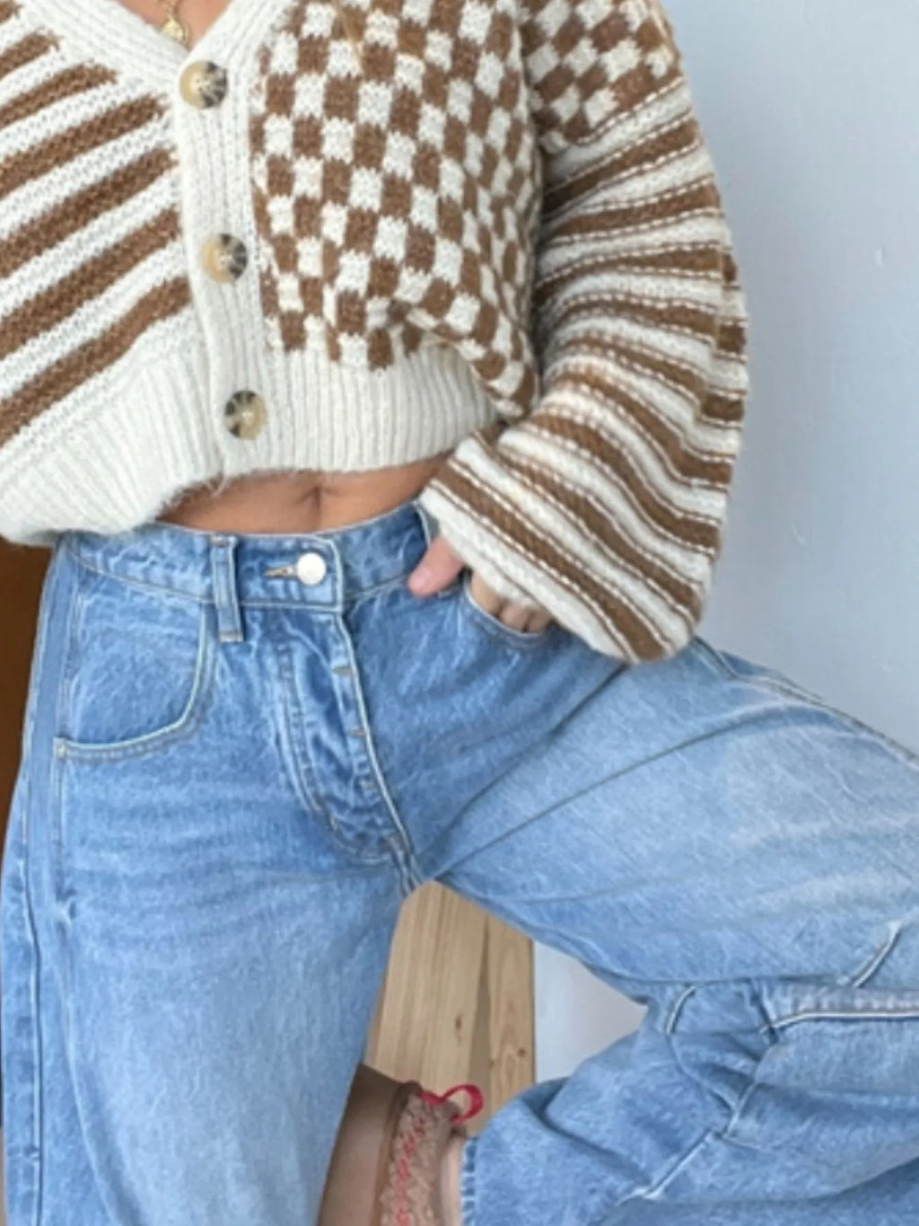 Checkered and Striped Button-Front Cropped Cardigan