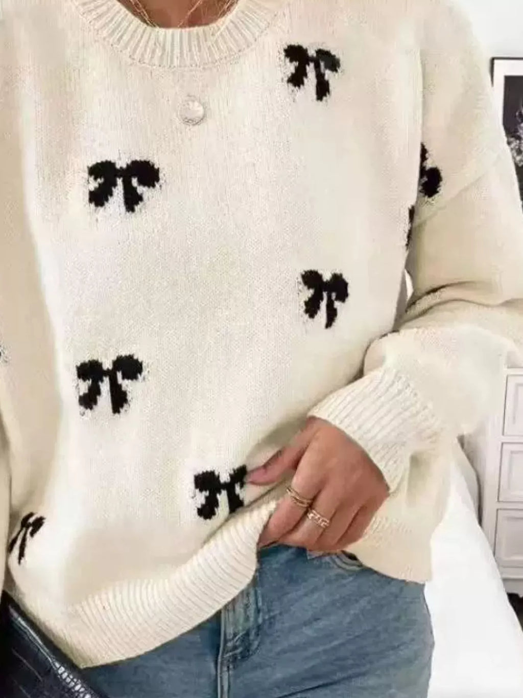 Bow Round Neck Dropped Shoulder Sweater