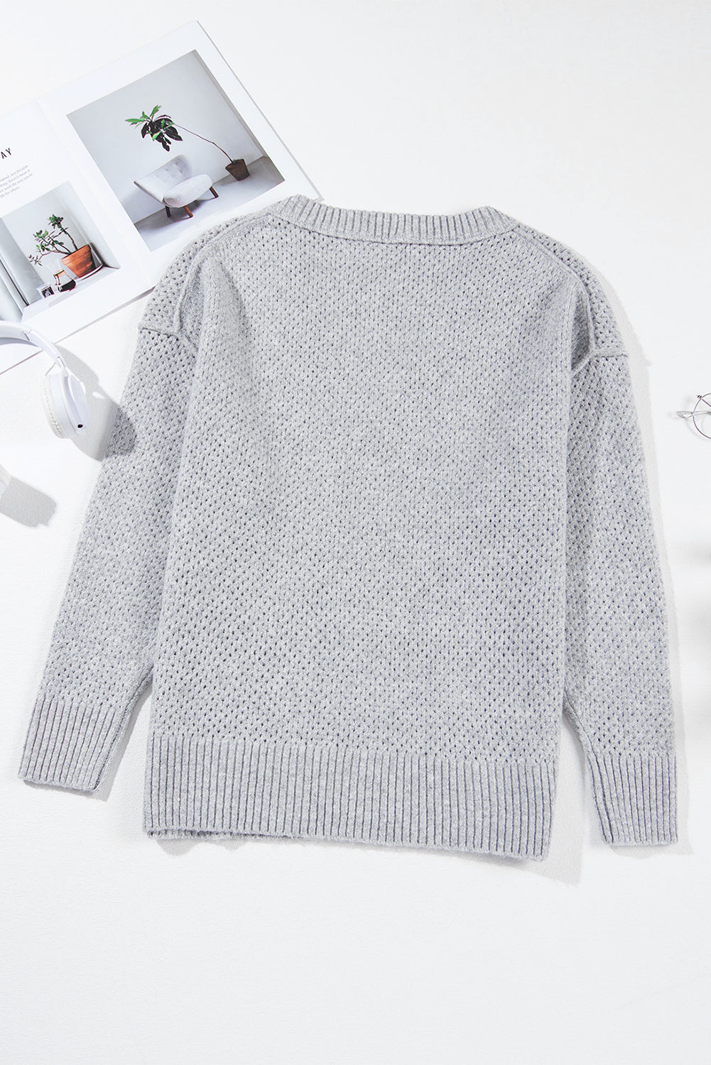 Solid Eyelet V-Neck Drop Shoulder Sweater